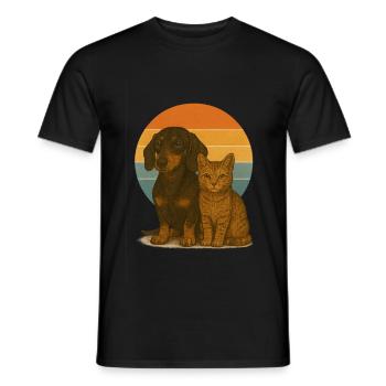 Dachshund and cat - Men's T-Shirt - black - Front - AI Model Male 178 light (178cm)