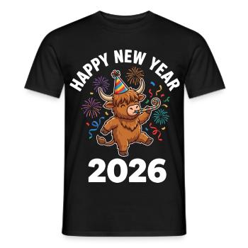 Happy New Year 2026 Highland Cow Party Hat - Men's T-Shirt - black - Front - AI Model Male 178 light (178cm)