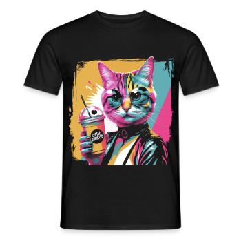Popart Katze mit Drink buntes Comicmotiv - Männer T-Shirt - Schwarz - Vorne - AI Model Male 178 light (178cm)