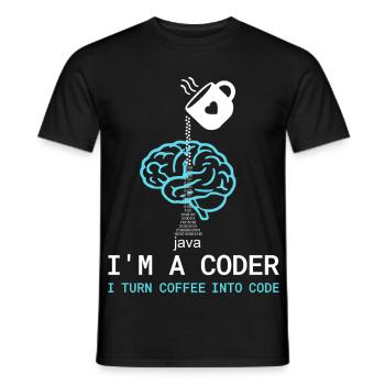 Coder T-Shirt: Coffee into Code – Nerdy Programmie - Men's T-Shirt - black - Front - AI Model Male 178 light (178cm)