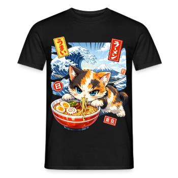 Japan Cat Ramen Noodle Retro Wave Motif - Men's T-Shirt - black - Front - AI Model Male 178 light (178cm)