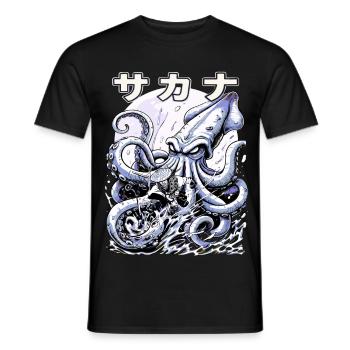Japan Fisherman Kraken Fight – Ukiyo-e Squid - Men's T-Shirt - black - Front - AI Model Male 178 light (178cm)