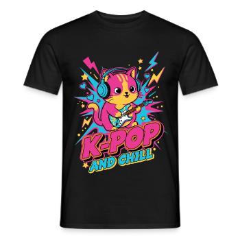 Cute K-Pop Cat K-POP AND CHILL Korean Music Anime - Men's T-Shirt - black - Front - AI Model Male 178 light (178cm)