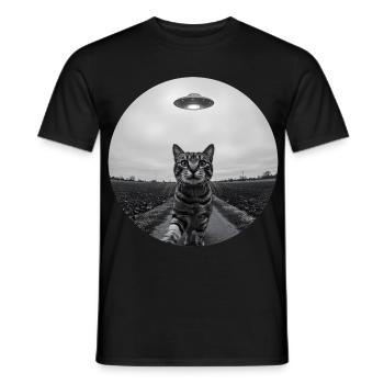 Funny UFO Space Cat Alien Design - Men's T-Shirt - black - Front - AI Model Male 178 light (178cm)