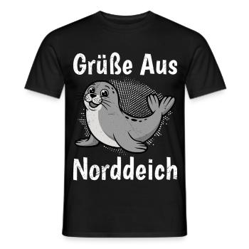 North Sea Holiday GREETINGS FROM NORDDEICH Funny - Men's T-Shirt - black - Front - AI Model Male 178 light (178cm)
