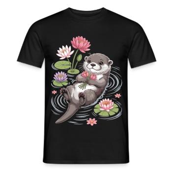T-shirt Loutre avec des nénuphars – Motif animal mignon - T-shirt homme - noir - Devant - AI Model Male 178 light (178cm)