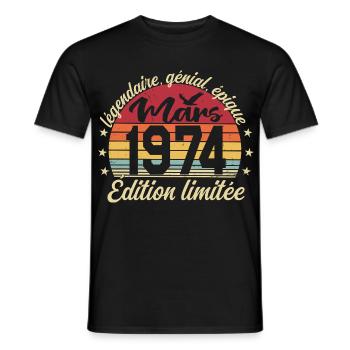 Mars 1974 52 ans Cadeau Anniversaire Mars 1974 - T-shirt homme - noir - Devant - AI Model Male 178 light (178cm)