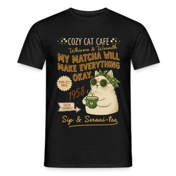 Cozy Cat Cafe My Matcha Will Make Everything Okay - Men's T-Shirt - black - Front - AI Model Male 178 light (178cm)
