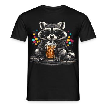 Waschbär Trinkt Eiskaffee Süß Niedlich - Männer T-Shirt - Schwarz - Vorne - AI Model Male 178 light (178cm)