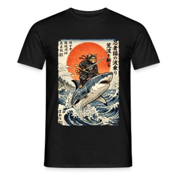 Ninja Katze, Japanischer Krieger & Kämpfer, Hai - Männer T-Shirt - Schwarz - Vorne - AI Model Male 178 light (178cm)