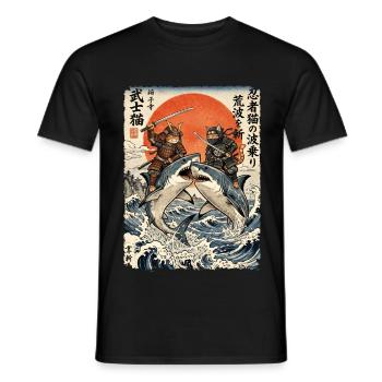 Samurai Katze, Ninja Katze, Hai, Japanisch - Männer T-Shirt - Schwarz - Vorne - AI Model Male 178 light (178cm)