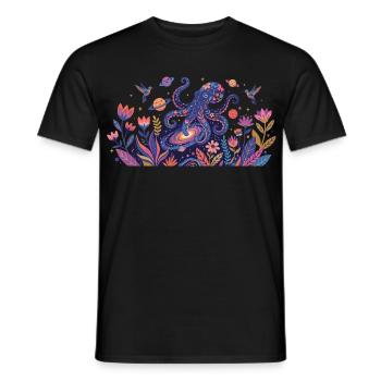 Cosmic Octopus in the Realm of Flowers Abstract Art - Men's T-Shirt - black - Front - AI Model Male 178 light (178cm)