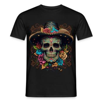 Vibrant Sugar Skull in Floral Sombrero - Men's T-Shirt - black - Front - AI Model Male 178 light (178cm)