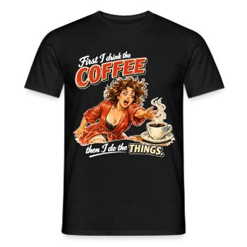 Retro Pin-Up : D’abord je bois le café - T-shirt homme - noir - Devant - AI Model Male 178 light (178cm)