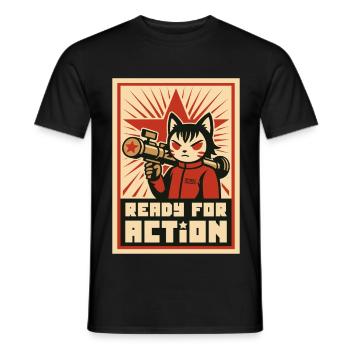 Retro Cat Commando: Ready for Action - Men's T-Shirt - black - Front - AI Model Male 178 light (178cm)