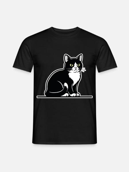 Smoking Katze Schwarz-Weiß Porträt Elegant Sitzend - Männer T-Shirt - Schwarz