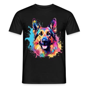 Colorful Dog Splash Art German Shepherd - Men's T-Shirt - black - Front - AI Model Male 178 light (178cm)