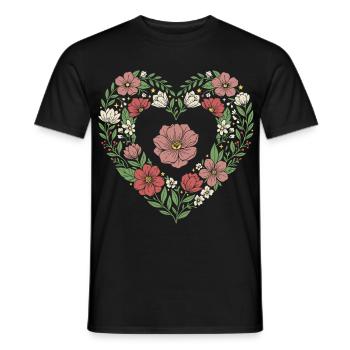 Motif de fleurs botaniques en forme de cœur floral - T-shirt homme - noir - Devant - AI Model Male 178 light (178cm)