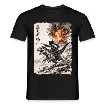 Katze, Dinosaurier, Vulkan, Vulkanausbruch, Anime - Männer T-Shirt - Schwarz - Vorne - AI Model Male 178 light (178cm)