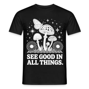 Pilz T-Shirt mit Schmetterling Spirituelles Motiv - Männer T-Shirt - Schwarz - Vorne - AI Model Male 178 light (178cm)