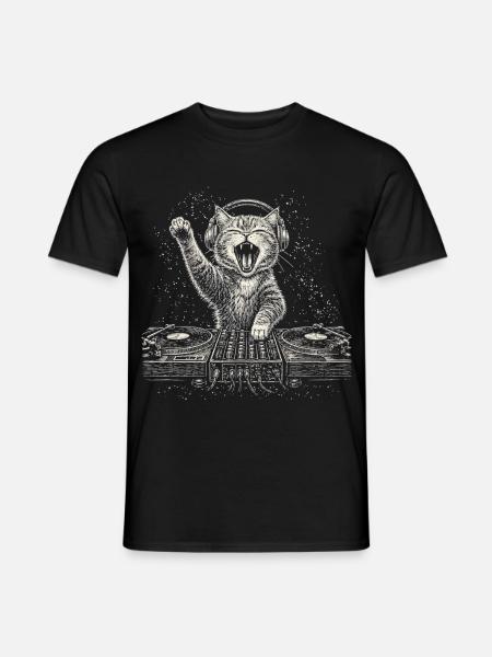 Katze DJ Plattenspieler Musik Kopfhörer Turntable - Männer T-Shirt - Schwarz