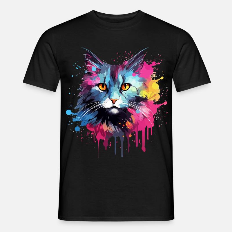 Visage de chat américain à queue courte avec des éclaboussures colorées - T-shirt homme - noir