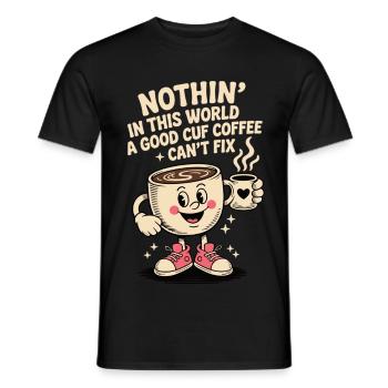 Coffee T-Shirt with Saying – Cute Cartoon Motif - Men's T-Shirt - black - Front - AI Model Male 178 light (178cm)