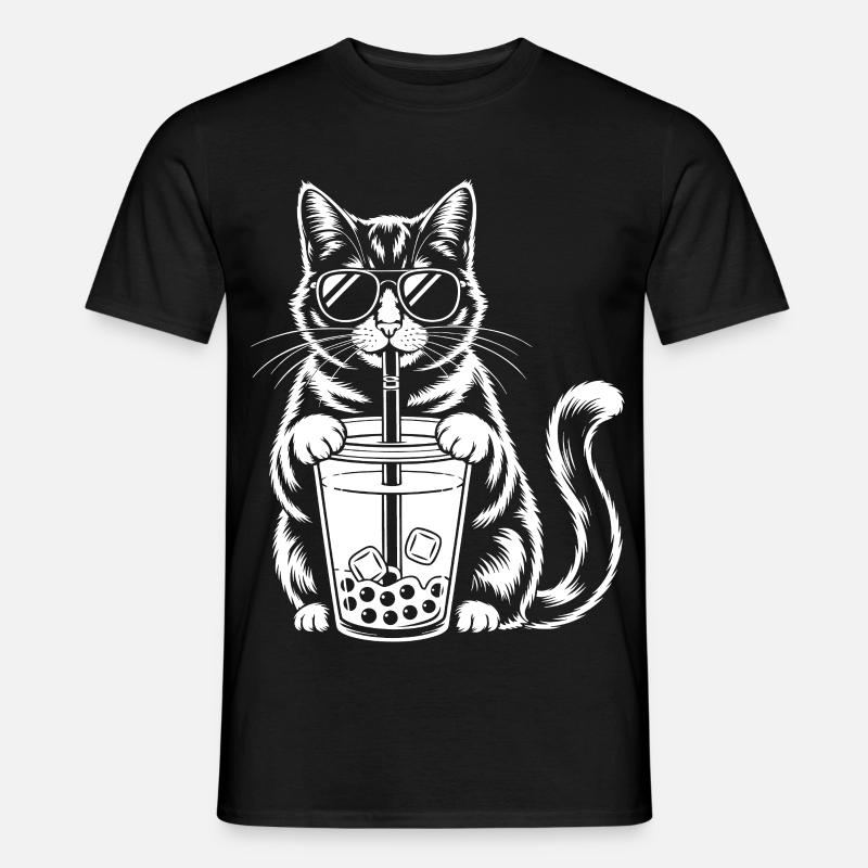 Katze mit Bubble Tee - Männer T-Shirt - Schwarz