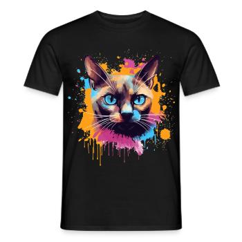 Colorful Splash Art Burmese Cat Face  - Men's T-Shirt - black - Front - AI Model Male 178 light (178cm)
