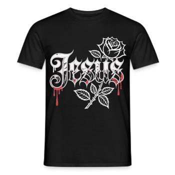 Jesus T-Shirt with Rose – Christian Gothic Motif - Men's T-Shirt - black - Front - AI Model Male 178 light (178cm)