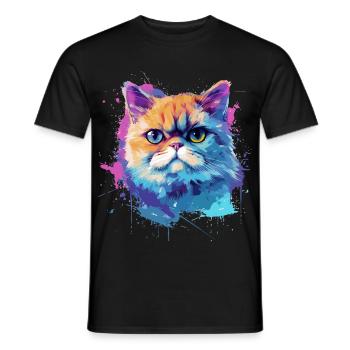 Art coloré exotique de visage de chat à poil court - T-shirt homme - noir - Devant - AI Model Male 178 light (178cm)