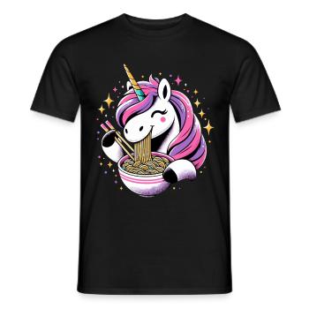 Happy Kawaii Unicorn Eating Ramen Noodles - Men's T-Shirt - black - Front - AI Model Male 178 light (178cm)