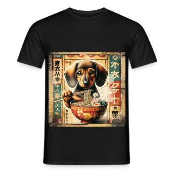 Dachshund Ramen Vintage Poster Style - Men's T-Shirt - black - Front - AI Model Male 178 light (178cm)