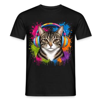Chat avec écouteurs musicaux en couleur Splash Cats - T-shirt homme - noir - Devant - AI Model Male 178 light (178cm)