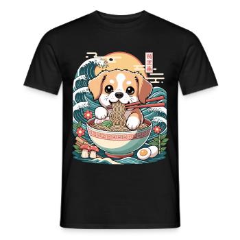 Cute Ramen Puppy In Bowl With Waves Japanese - Men's T-Shirt - black - Front - AI Model Male 178 light (178cm)