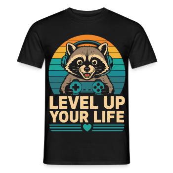 Level Up Your Life Raccoon Gamer - Men's T-Shirt - black - Front - AI Model Male 178 light (178cm)