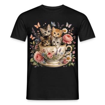 Chatons Dans Une Tasse De Thé Fleurs Vintage - T-shirt homme - noir - Devant - AI Model Male 178 light (178cm)
