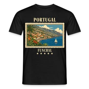Marque de voyage vintage du Portugal Funchal - T-shirt homme - noir - Devant - AI Model Male 178 light (178cm)