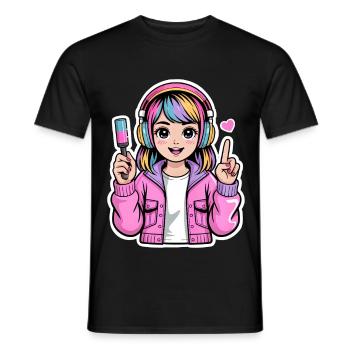 Kawaii girl with headphones - Men's T-Shirt - black - Front - AI Model Male 178 light (178cm)