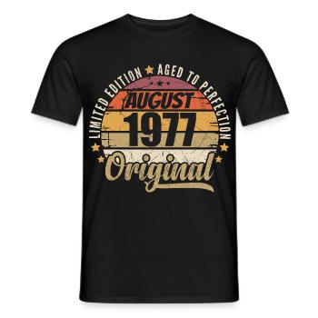 August 1977 Retro Vintage Birthday August 1977 - Men's T-Shirt - black - Front - AI Model Male 178 light (178cm)
