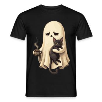 Chat fantôme avec une tasse à café - T-shirt homme - noir - Devant - AI Model Male 178 light (178cm)