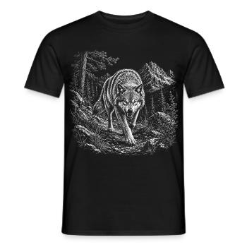 Loup sauvage dans un paysage montagneux dans un style graveur - T-shirt homme - noir - Devant - AI Model Male 178 light (178cm)