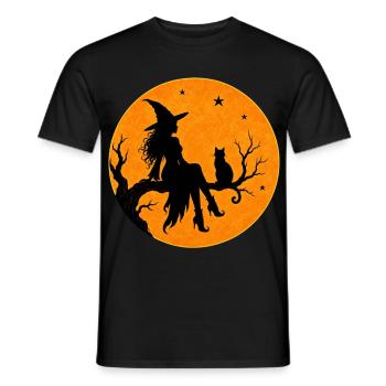Halloween Witch with Cat in Full Moon T-Shirt Motif - Men's T-Shirt - black - Front - AI Model Male 178 light (178cm)