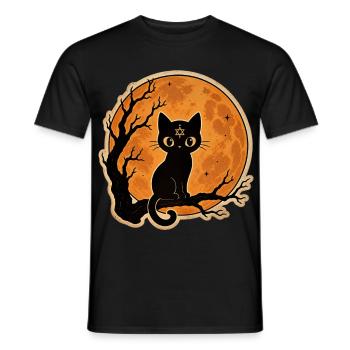 Black Cat in Front of Full Moon Halloween Motif - Men's T-Shirt - black - Front - AI Model Male 178 light (178cm)