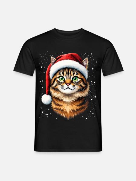 Weihnachtskatze mit rotem Hut - Männer T-Shirt - Schwarz