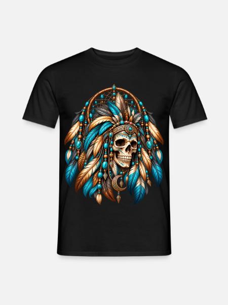Indian Skull Feathers Türkis Traumfänger - Männer T-Shirt - Schwarz