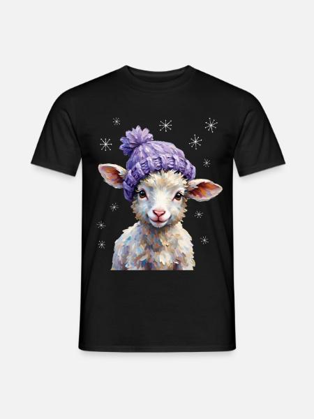 Süßes Lamm mit violetter Strickmütze - Männer T-Shirt - Schwarz