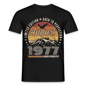 August 1977 Retro Anniversary August 1977 August 1977 - Men's T-Shirt - black - Front - AI Model Male 178 light (178cm)