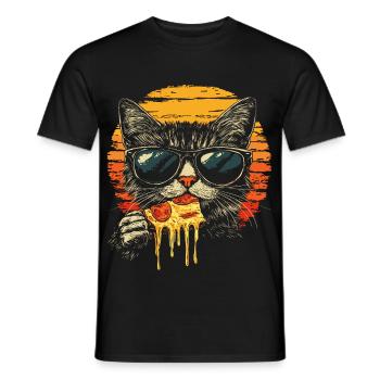 Cat in sunglasses eating pizza vintage - Men's T-Shirt - black - Front - AI Model Male 178 light (178cm)