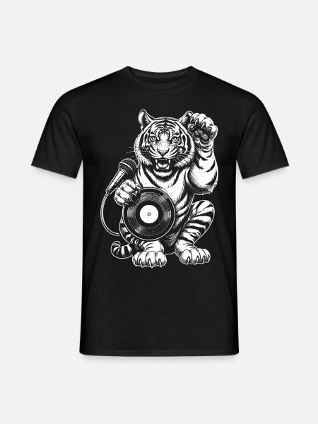 Chemise de tigre de bande dessinée : musique, groove et disque vinyle - T-shirt homme - noir